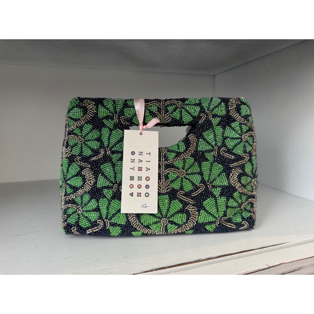 NWT Tiana NY Floral Beaded Handle Clutch Handmade Navy Green
